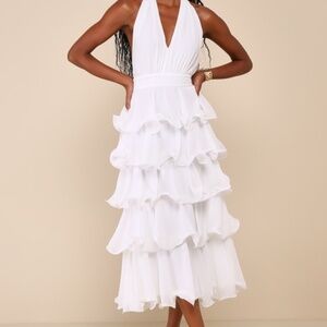 Lulus White Tiered Halter Midi Dress - Size L